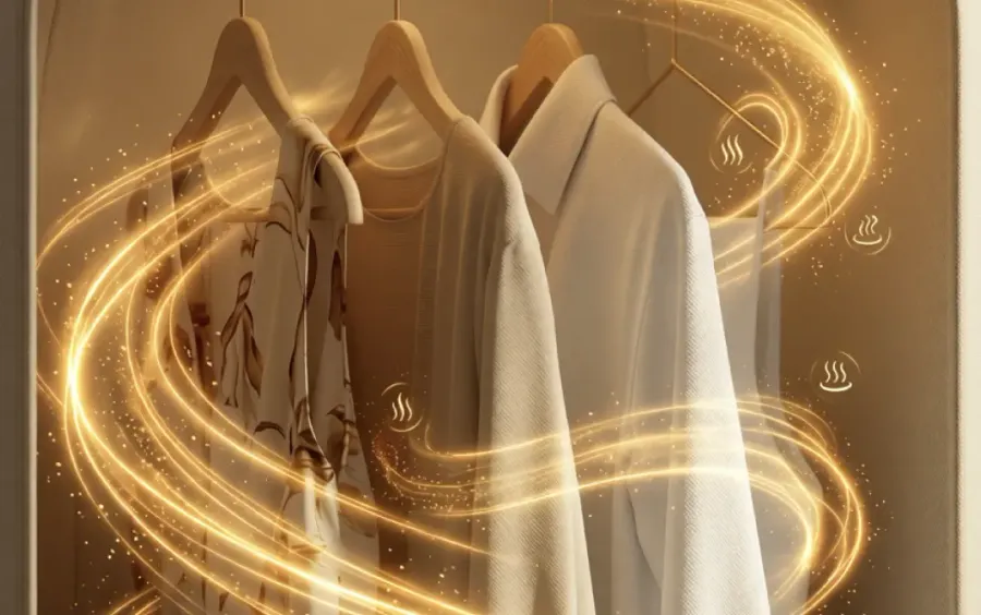 Swirls of warm air circulating around shirts on hangers inside the Qinux AirdrobeX