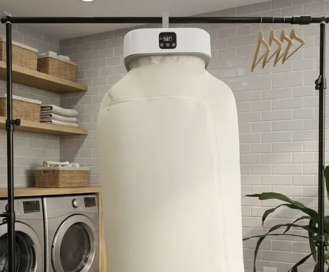 Qinux AirdrobeX with its drying cover in a laundry room next to the washer