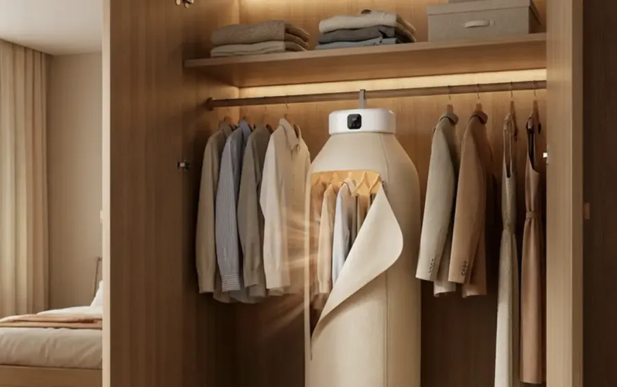Qinux AirdrobeX drying clothes inside a bedroom closet