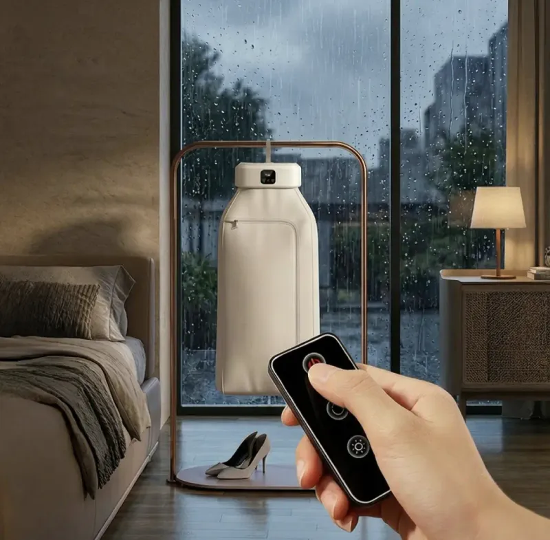Hand holding the Qinux AirdrobeX remote control with the dryer set up in a bedroom
